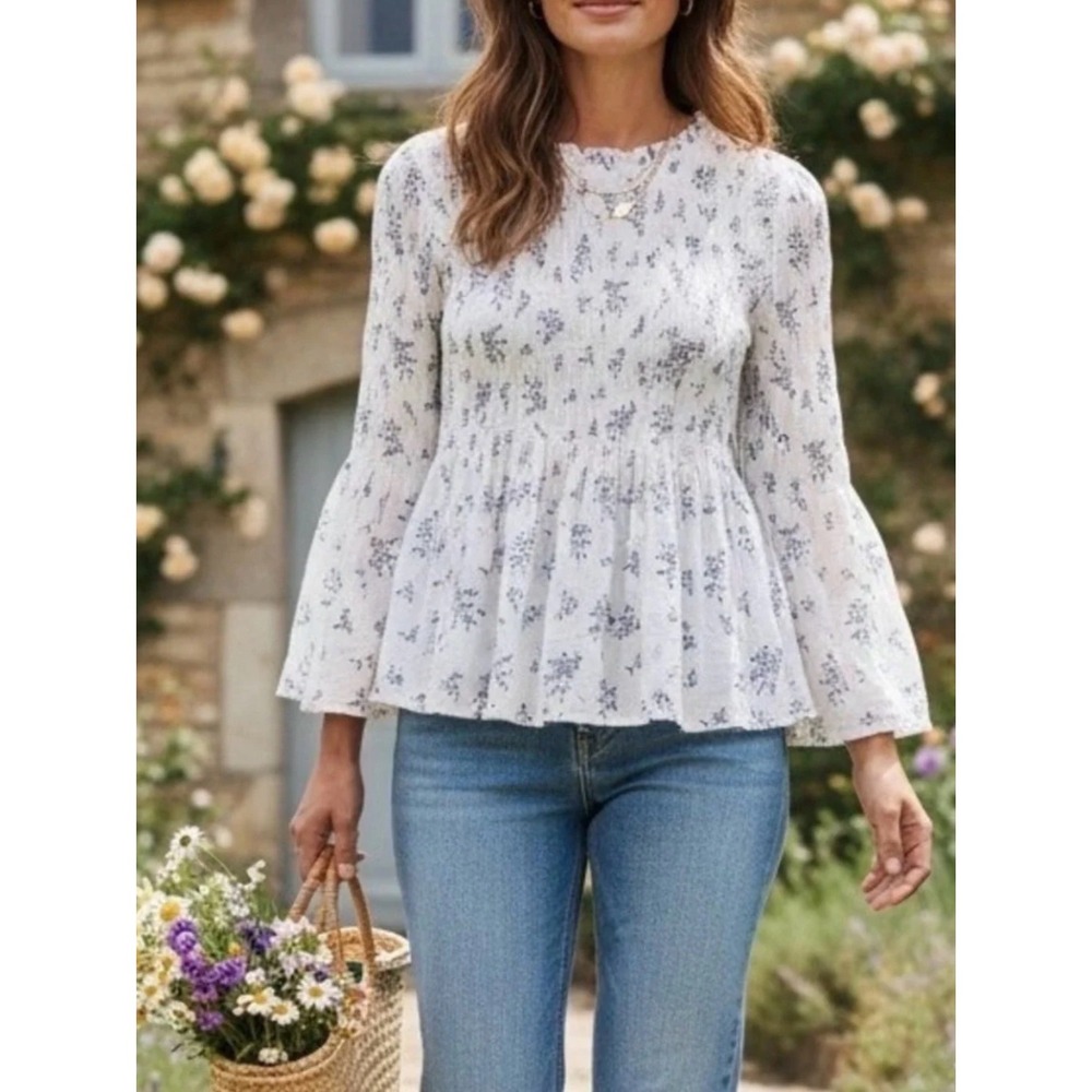Adiva Women White Blue Floral Smocked Peplum Bell Sleeve Blouse Top Small